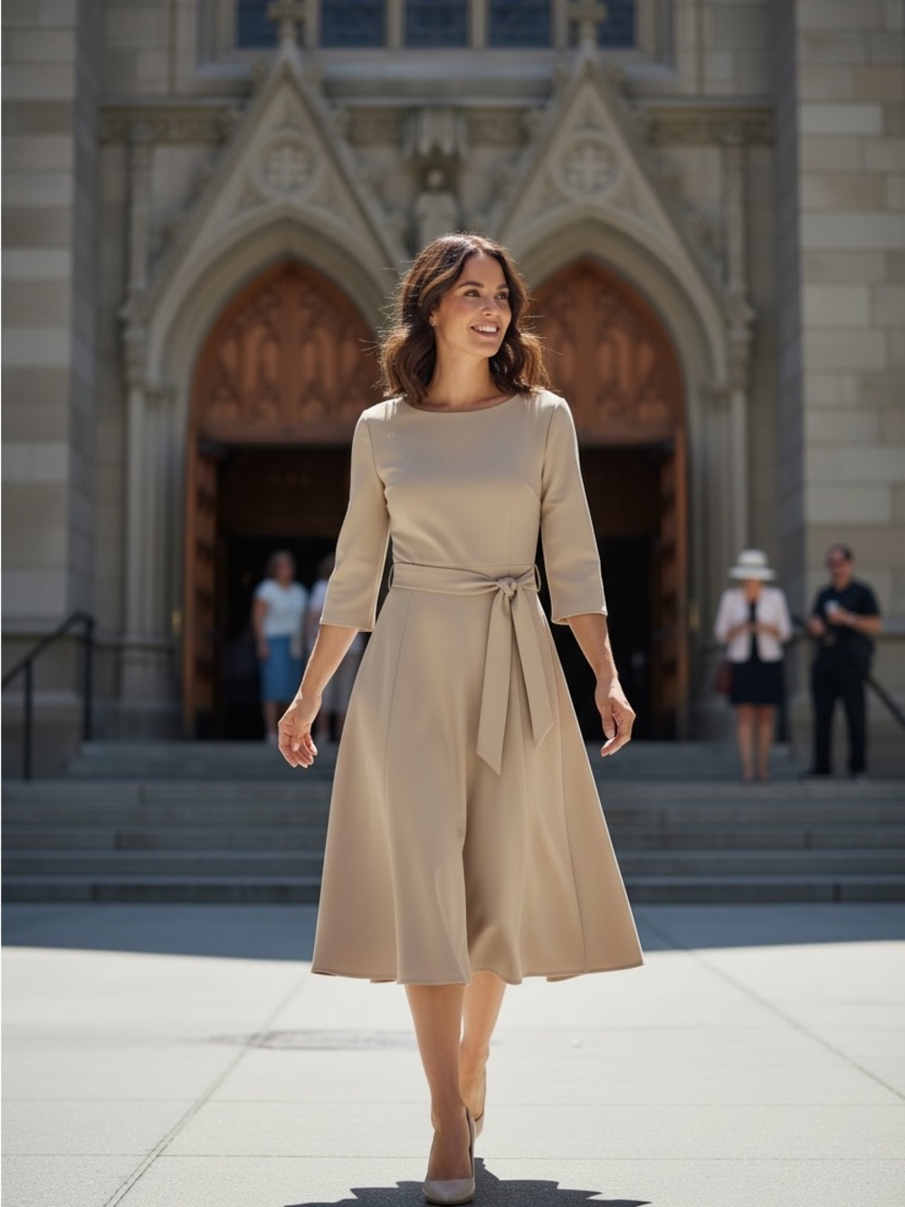 Midi Tie-Waist Dress in Beige — Classic Three-Quarter Sleeve